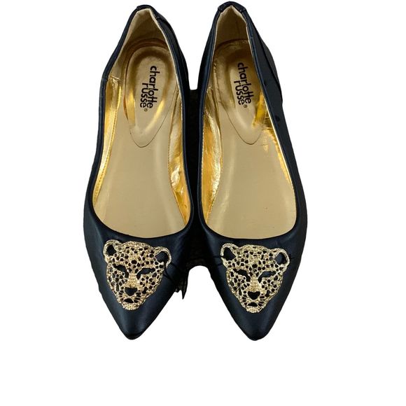 Cheetah Head rhinestone Embellished Point Toe Black Flats Size 6 - Picture 1 of 8